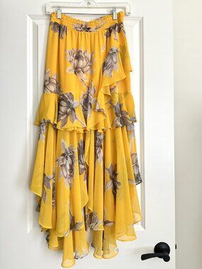 MISA LOS ANGELES Yellow Floral Ruffle Midi Skirt Size XS